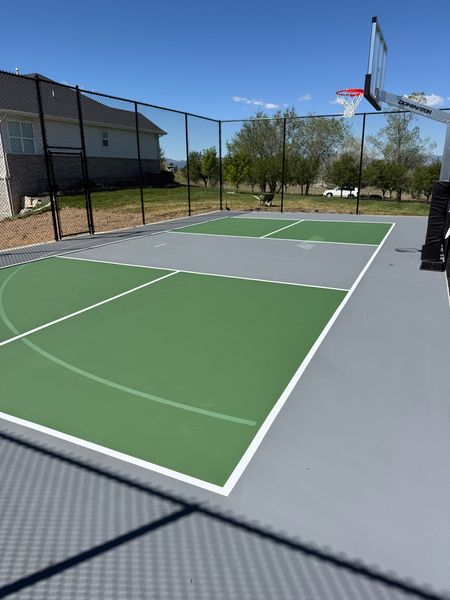 Green and Grey Backyard Multi-Sport Basketball and Pickleball Court by Precision Pro Courts