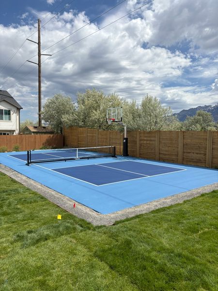 Two-Tone Blue Backyard Pickleball and Basketball Court with Mountain View by Precision Pro Courts